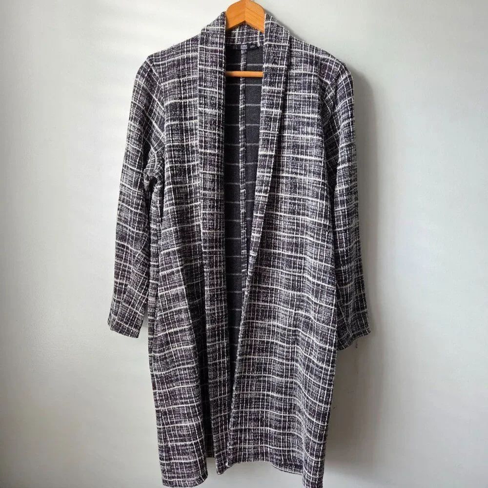 EUC ZARA COLLECTION WOMEN BASIC LONG PLAID BLACK/ WHITE TEXTURED LAPEL JACKET S